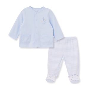 Little Me Light Blue & White 2-Piece Giraffe Cardigan & Pant Set Baby Size 6M